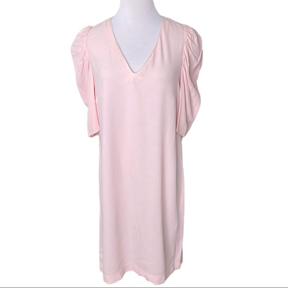 Claudie Pierlot Dresses & Skirts - Claudie Pierlot Pink Poplin Puffed Sleeve Pearl Bead Embellished Dress
